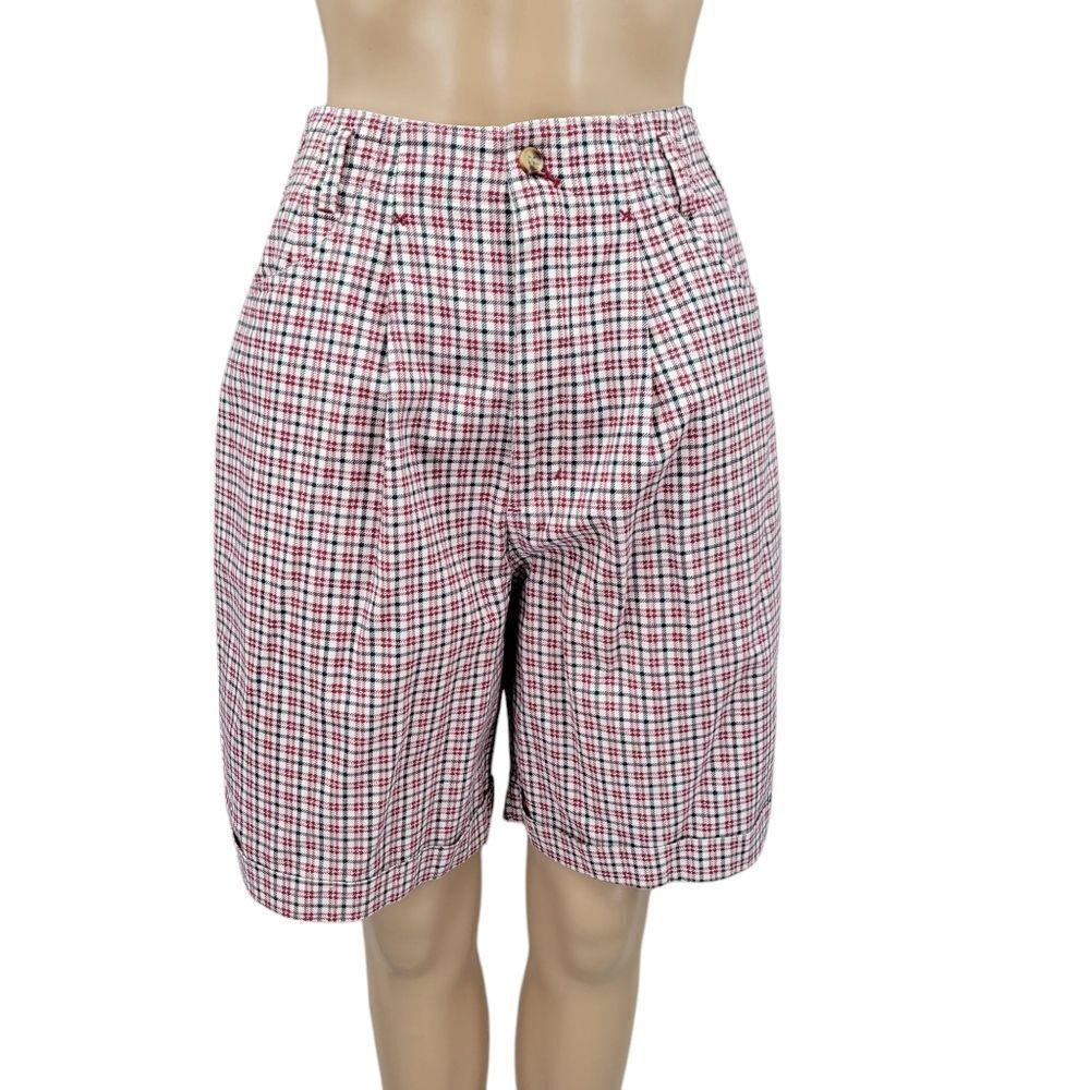 Outback Red Vintage Pleated Front Cotton Red and Green Plaid High-Waisted Shorts